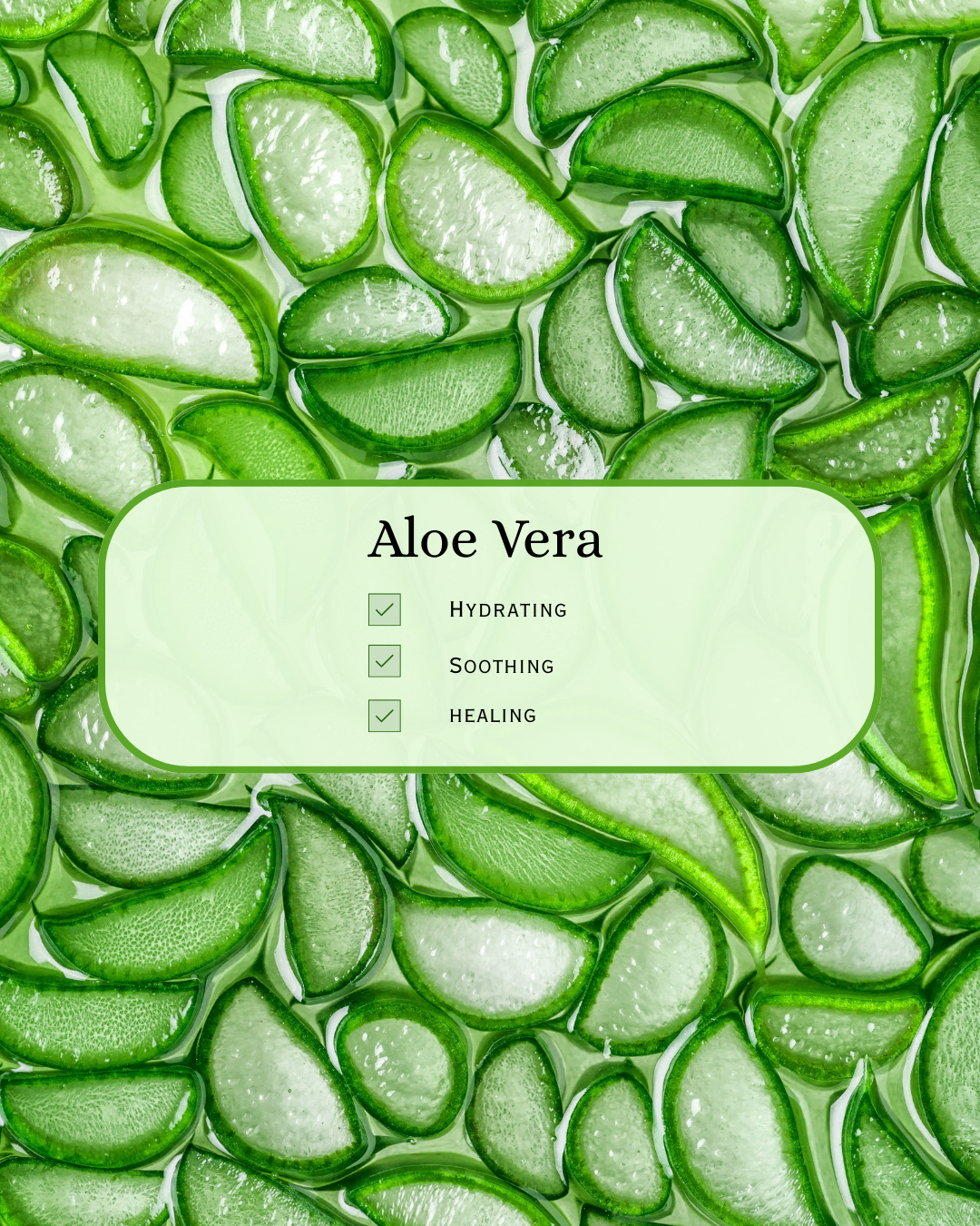 Close-up of fresh aloe vera gel slices with overlaid text listing skincare benefits: hydrating, soothing, and healing. Highlights aloe vera’s role in calming irritated skin, reducing redness, and promoting moisture retention—ideal for sensitive or inflamed skin conditions.