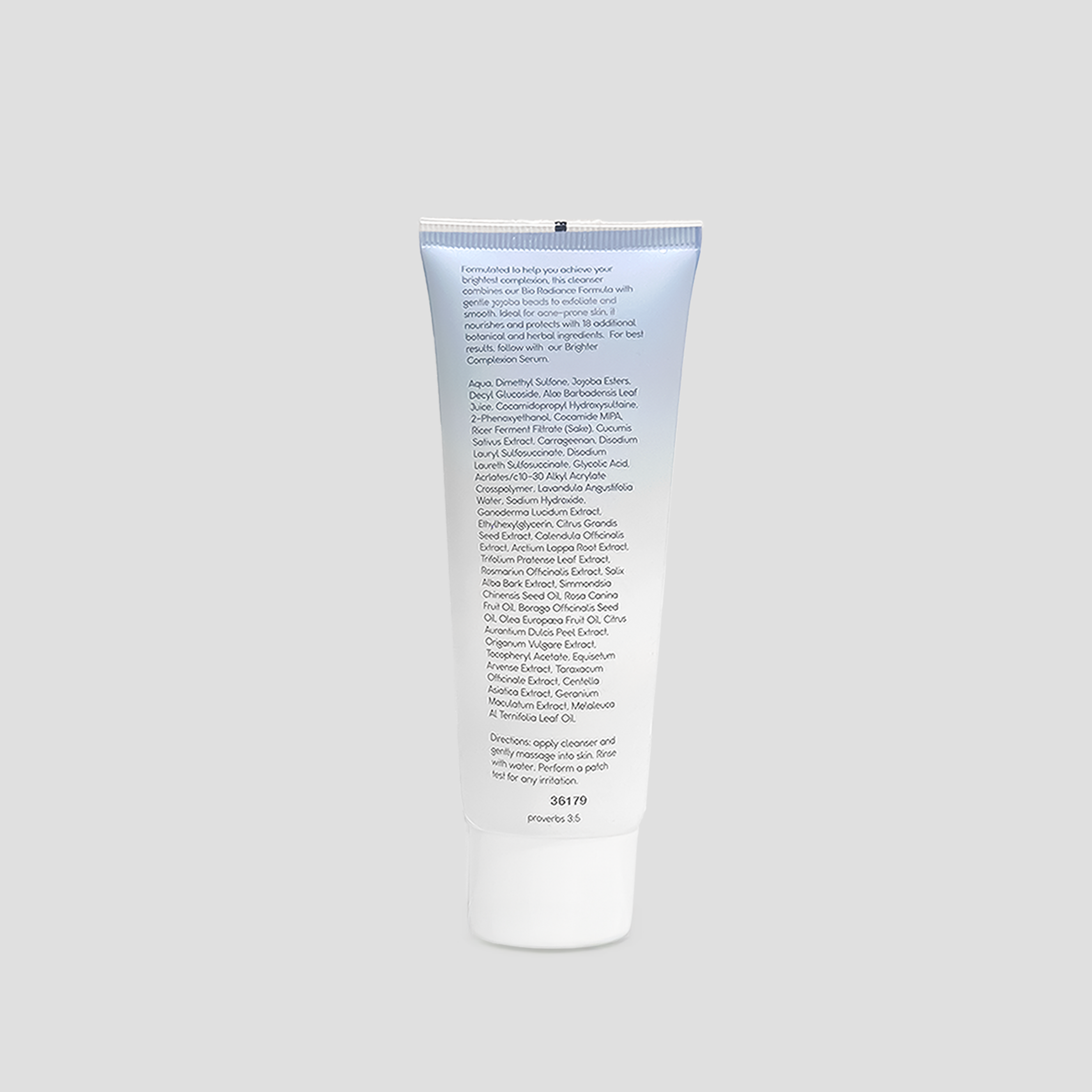 Covenance Beauty Brighter Complexion Exfoliating Gel Cleanser 4-oz tube, sleek blue to white gradient packaging. Formulated with gentle jojoba beads, low-dose glycolic acid, fermented rice extract, reishi mushroom, aloe, ginseng for smoothing, sensitive, acne-prone skin.