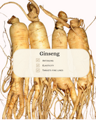 Close-up of raw ginseng roots with overlaid text highlighting skincare benefits: anti-aging, improving skin elasticity, and targeting fine lines. Emphasizes ginseng’s traditional use in promoting firmer, youthful-looking skin and supporting overall skin vitality.