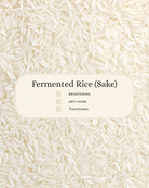 Background of white rice with overlaid text highlighting skincare benefits of Fermented Rice (Sake): brightening, anti-aging, and tightening. Emphasizes its traditional use in skincare for improving skin tone, reducing fine lines, and supporting firmer, radiant skin.
